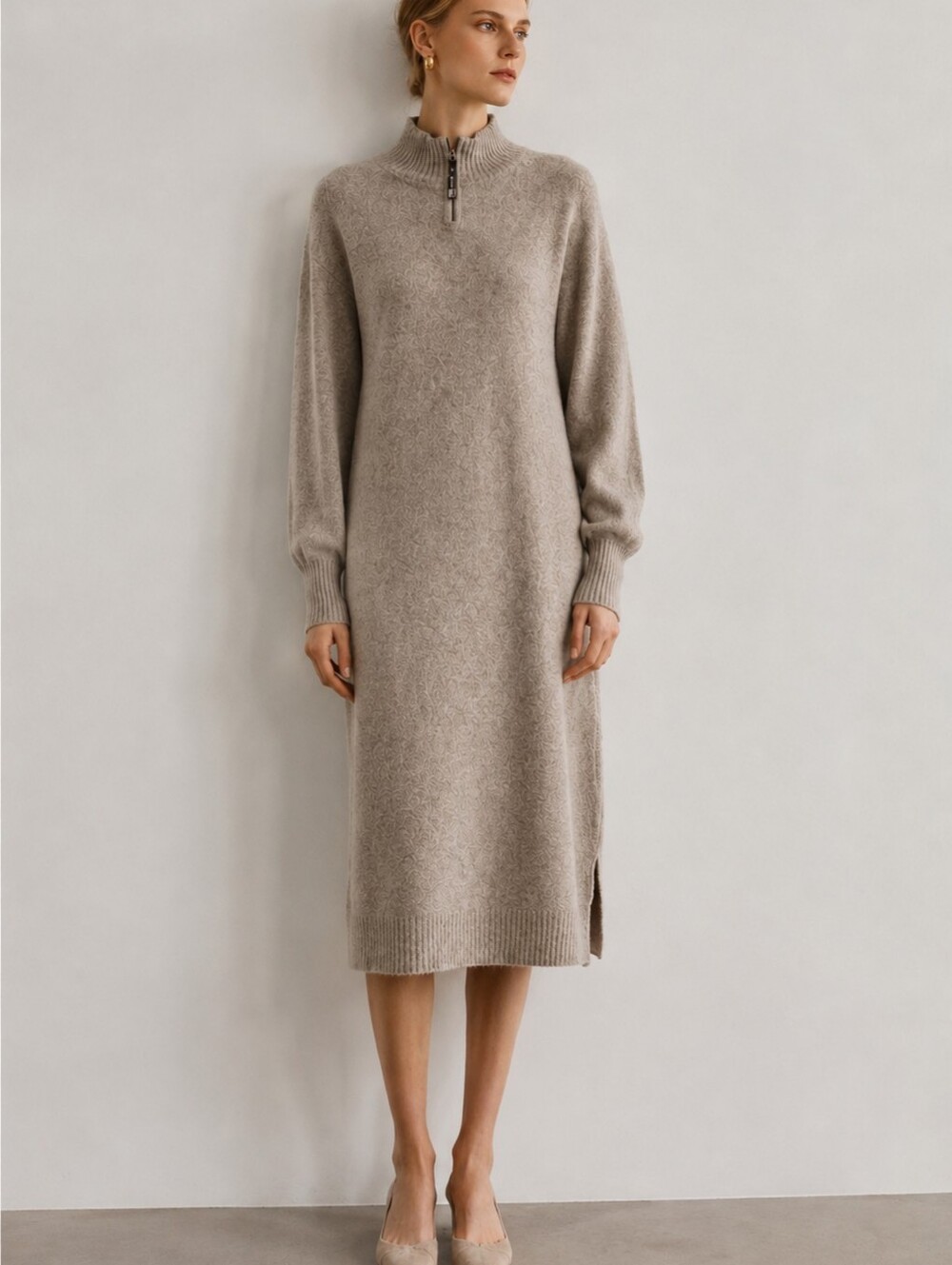 Mocha Half-Zip Mock Neck Sweater Dress | Wool Blend | Midi Length | NWT